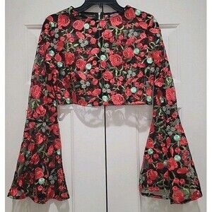 MISSPAP Embroidered Mesh Crop Top Women 8 Back Zip Sheer Rose Floral Long Sleeve